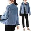 Fotos reales de una chaqueta vaquera holgada estilo Hong Kong para mujer, con detalles bordados, una chaqueta vaquera corta, una chaqueta casual de estudiante, en azul claro