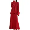 Vestido formal vermelho de lã pura com padrões florais de crochê, estilo chinês, de manga comprida, conjunto de 1,3 kg para mulheres, saia feita à mão para outono e inverno