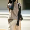 Chaleco de punto en capas 100% lana, nuevo suéter chaleco sin mangas de punto trenzado de cuello medio alto para mujer de otoño e invierno