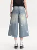 Calça jeans cropped feminina com estampa de estrelas estilo retrô americano, novo estilo de verão, calça solta de 7/8, shorts largos rasgados