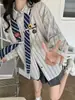 Camisa de rayas de primavera estilo preppy holgada vintage diseño americano corte ajustado dulce linda corbata top de manga larga