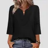 Top de Manga Tres Cuartos con Encaje, Color Sólido, Cuello en V, Estilo Camiseta, Empalmado, Corte Holgado, para Mujer, Europeo y Americano, Primavera/Verano 2026