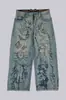Jeans casual de corte reto e perna larga com estampa graffiti estilo high street vintage, com zíper e botão, estilo europeu, versátil para o dia a dia