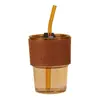 Copo de vidro para café com canudo copo para beber no escritório copo de vidro estilo Ins copo de vidro portátil copo de vidro para estudante