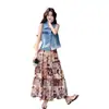 Moda Casual Juvenil Adelgazante Elegante Set de Chaleco de Mezclilla Bordado con Encaje + Falda Verano 2026
