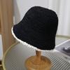 Gorro de pescador de felpa estilo coreano para mujer, cálido, combinable con todo, con borde de color contrastante, tejido a mano, estilo japonés, informal y dulce, para otoño e invierno.