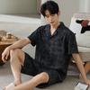 Pijama de algodón fresco y agradable para la piel para hombre, de verano, con estampado fino, de manga corta y pantalones cortos, para adolescentes, talla grande, para el hogar