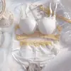Roupa íntima de látex feminina para peito pequeno com push-up, acolchoada, ajustável, acessório de suporte para a parte superior dos seios, conjunto de sutiã de renda sexy