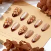 30 Peças de Unhas Postiças Amêndoa Transfronteiriças em Marrom Quente para Outono e Inverno, com Strass 3D Feitos à Mão, Estilo Manicure Francesa de Luxo