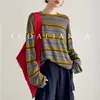 Blusa de lã, seda e Tencel para primavera e verão, top de malha listrado color block vintage de manga longa para mulheres