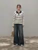 Ummoimoi Suéter de punto de manga larga a rayas color block con cuello tipo polo estilo coreano para mujer, diseño 2026, corte holgado, efecto adelgazante