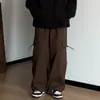 Calças de trabalho simples de cor sólida retrô estilo japonês para homens, calças casuais retas com cordão e bolso folgado para homens