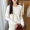 Cardigan de Punto con Cuello Redondo Completo de Lana Sin Costuras Estilo Coreano Nuevo Otoño/Invierno Chaqueta Suéter Versátil para Mujer Abrigo Engrosado