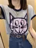 2025 Camiseta Europea Tejido de Punto Seda de Hielo para Mujer Estampada Manga Corta Verano Nueva Moda Top Holgado Delgado