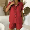 2026 Verano Independiente Transfronterizo Europeo y Americano Sitio Web Amazon Nuevo Casual Botón Algodón y Lino Conjunto de Camisa de Manga Corta para Mujer