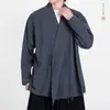 Top masculino estilo chinês de algodão e linho com gola oblíqua, robe leigo estilo Zen retrô com gola cruzada, jaqueta de robe Hanfu Taoísta casual solta