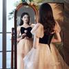 Princesa em liberdade Vestido de Noite Elegante com Champanhe Vestido Curto com Mangas Bufantes e Gola Quadrada Feminino Vestido de Tule