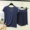 Conjunto de dos piezas para mujer: camiseta de manga corta con cuello en V y pantalones cropped de cintura alta con cordón y volantes, hecho de modal, corte holgado, ropa de estar talla grande