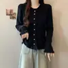 Cardigan Tricotado de Design Suave Estilo Francês com Borda Franzida para Mulheres, Casaco Suéter Grosso Emagrecedor que Marca a Cintura para Outono e Inverno, Elegante e Versátil
