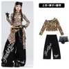 Figurino de dança jazz para meninas, conjunto de roupa de dança cropped com estampa de leopardo para crianças, roupa da moda street dance para desfile infantil, figurino de performance para meninas