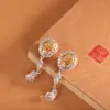 Pendientes de Plata de Ley S925 con Ámbar Estilo Artístico Retro Nuevo Estilo Chino Huecos Vintage Largos para Mujer