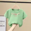 Camiseta de Manga Curta 100% Algodão Puro para Meninas Verão Nova Moda Estilo Coreano Desenho Animado Gola Redonda Top Soltinho para Crianças de Meio e Grande Porte