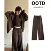 Conjunto Deportivo Casual Marrón para Mujer 2026 Nuevo Estilo Coreano Sudadera con Capucha Chaqueta Otoño Conjunto Completo Atuendo Sensación de Alta Gama
