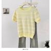 Camiseta de Punto de Manga Corta a Rayas de Color Sólido para Chicas Calientes Verano Nuevo Diseño Cuello Redondo Camiseta de Hombro Derecho Top Corto