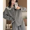 2026 Novo Conjunto de Pijama Cinza para Primavera e Outono com Renda Doce para Mulheres, Toque de Luxo, Manga Longa, para Usar em Casa ou ao Ar Livre
