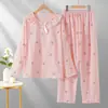 Pijama de Algodón Nube para Mujer de Primavera y Otoño, Color Sólido, Manga Larga, Talla Grande, Dibujos Animados Lindos, Conjunto de Ropa de Casa para Dama, Se Puede Usar Afuera