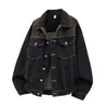 Chaqueta de Mezclilla Estilo Granja Retro con Solapa Hombres Mujeres Marca de Moda Parche de Gamuza Costura de Contraste Holgada Mezclilla Color Original Tendencia