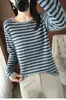 Blusa de tricô de algodão puro para outono e inverno, gola redonda, listrada, barra enrolada, para mulheres, camiseta de manga longa 100% algodão, blusa base de caimento solto