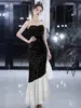 Vestido de Noche Negro sin Tirantes para Socialités de Banquetes, Lujo Ligero de Gama Alta Lentejuelas Temperamento Anfitrión Sirena Volante Vestido Largo