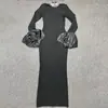 Comércio Exterior Vestido Feminino Europeu e Americano Gola Redonda Cravejado de Diamantes Mangas Sino Estilo Dama Elegante Saia Bandage Vestido de Festa Vestido