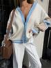 Cárdigan de Moda de Color en Contraste Suéter Holgado Casual de Otoño e Invierno 2024 Suéter Tejido Casual Rayado para Mujer Transfronterizo