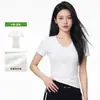 Camiseta Básica de Manga Corta con Cuello en V para Mujer, Color Sólido, 230g, Hombro Normal, Corte Entallado, Cintura Ceñida, Alta Elasticidad, Casual para el Viaje de Primavera Verano