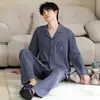 Pijama de algodão puro, novo estilo outono, cardigã, manga longa, calça longa, cor sólida, 100% algodão, conjunto de duas peças para casa masculino, cross-border para live-streaming