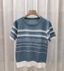 Chic Coreano Verano Nicho Casual Diseño de Rayas Estéreo de Contraste Redondo Camiseta de Punto Holgada de Manga Corta para Mujer