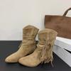 Botas de Comércio Transfronteiriço com Salto Grosso para Aumentar a Altura, Botas de Equitação Estilo Retrô, Botas de Cano Médio com Salto Bloco, Franjas de Camurça e Corda de Cânhamo