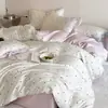 Conjunto de 4 Peças Estilo Menina com Amarração 60 Fios Lenzing Tencel para Meninas, Capa de Edredom Refrescante de Seda de Gelo Dupla Face, Lençol de Cima, Lençol com Elástico para o Verão