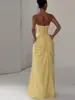 Vestido Longo de Verão Feminino Tubinho de Cetim Mature Estilo Francês com Cintura Marcada por Pregas e Fenda Alta Slim