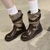 Botas western estilo cowboy para mulheres, nova coleção outono 2026 coreana, com design franzido, color blocking, estilo retrô e design versátil de sola grossa.
