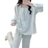Pijama Estilo Princesa para Mujer, Primavera y Otoño, con Almohadillas Integradas en el Sujetador, Dulce, Delgado, Encaje de Algodón Nube, Manga Larga, Conjunto de Ropa de Casa Femenino