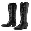 Botas de caña alta transfronterizas de otoño e invierno, botines versátiles de punta fina, botas para mujer de talla grande, zapatos de tacón alto con bloques de color, botas vaqueras de tacón cuadrado de comercio exterior