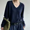 Nuevo Suéter de Punto de Hilo de Algodón 2026 Otoño/Invierno con Borde Enrollado, Cuello en V, Manga Larga para Mujer, Color Sólido, Holgado, Suéter, Prenda Base