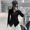 ACHU suéter delgado negro con cuello en V cruzado para mujer, suéter básico de diseño para primavera y otoño