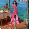 Deslumbrante Vestido Rosa Irregular e Fluido Inspirado na Dopamina com Cauda, Vestido Longo Sem Alças, Vestido de Fada Festivo que Melhora a Ambiência