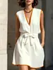 Vestido de verão elegante europeu e americano transfronteiriço Amazon 2026 novo, sem mangas, decote V, acinturado, para mulheres