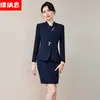Elegante Vestido Blazer Formal de Anfitriã Novo Estilo Chinês Conjunto de Duas Peças Azul Terno Profissional Feminino