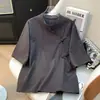 287 Gola Assimétrica Botão de Rã Cor Lisa Algodão Linho Blusa Feminina Verão Fina Nova Roupa Chinesa Zen para Chá Linho Manga Curta Camisa